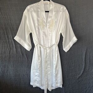 Vintage New Dentelle Lace‎ Beaded Embellished Satin Kimono Robe Belt White Sz.S